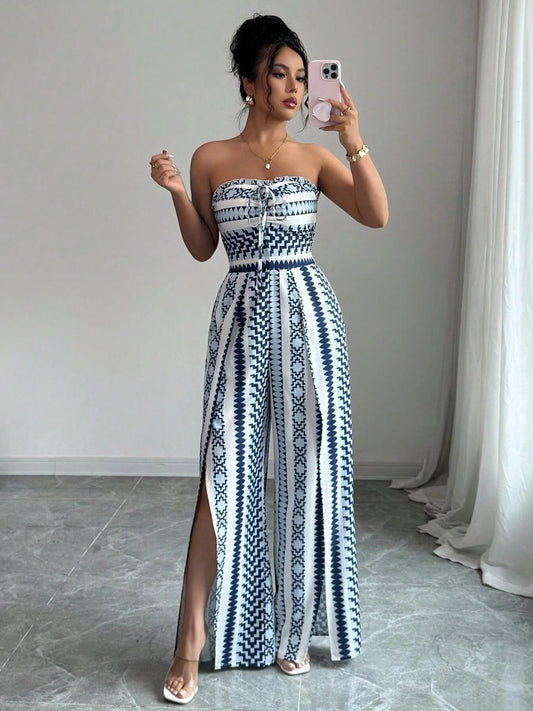 👗💙 50% RABATT NU! 🌺 Geometrisk Jumpsuit med Sidoslits – Elastisk Rygg & Unikt Mönster ✨