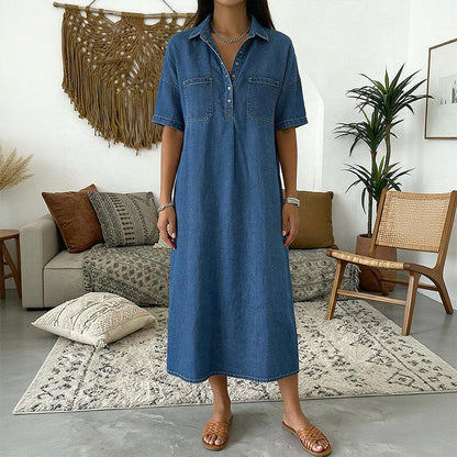 👗 50% RABATT NU! 👖 Ljus Denim Midiklänning med Fickor – Avslappnad & Bekväm – Perfekt för Vardagen 🌸