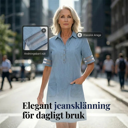🎁Begränsad tid 50 % RABATT⏳Blå, enkel miniklänning i denim med krage och spetskant
