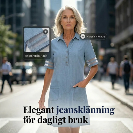 🎁Begränsad tid 50 % RABATT⏳Blå, enkel miniklänning i denim med krage och spetskant