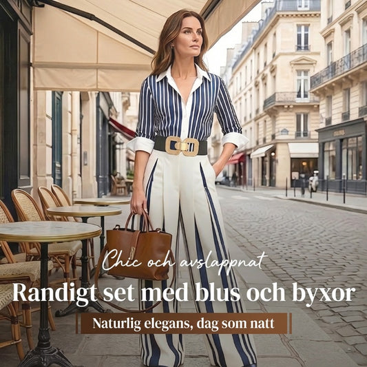 🎁Nyhet – 50 % rabatt💥2-delat set med randig damskjorta och byxor med vida ben
