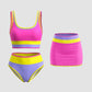 🔥🎁Nyhet 50 % RABATT🔥🌼 Färgblockerad Sportig 3-delars Bikiniset i Nylon – Högmidja med Magekontroll 👙
