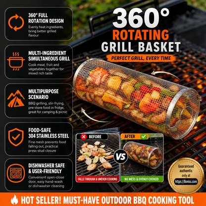🔥🍖 Tidsbegränsat BBQ-erbjudande – 360° rullande grillkorg | Grillkorg med non-stick-beläggning för kött, grönsaker & annat
