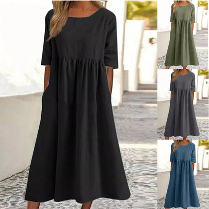 🔥 "Sommarrabatt! Rundhalsficka Bomullsklänning – Lätt och Stilfull för Alla Tillfällen! 🌞👗" ✨