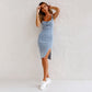 💙2026 Nyinkommet - 50% rabatt🔥 Justerbart axelbands U-ringad slitsad denim bodycon cami klänning