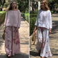 🌸Vårens specialerbjudanden💓Solida toppar ＆ blommiga byxor med vida ben (2-delad uppsättning)