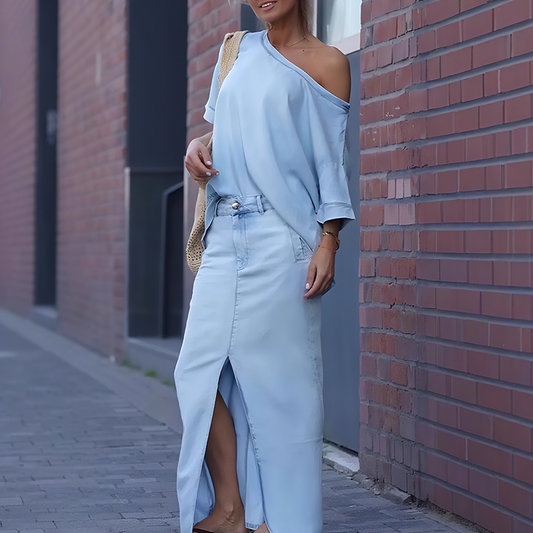 Diagonal axeltopp för kvinnor med delad långkjol i denim