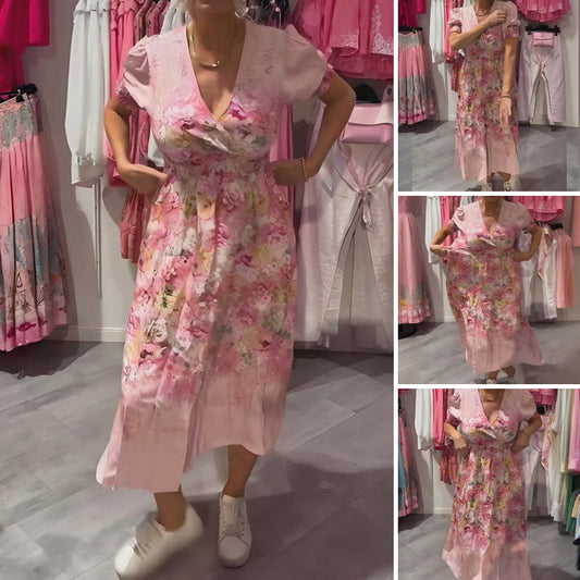 👗 Lång klänning med romantiska blommönster & smickrande V-ringning✨