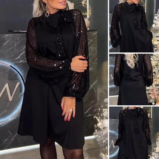 ✨💋Glittrande patchworkklänning med paljetter för kvinnor