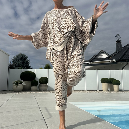 ✨2-delat set med topp och byxor med leopardmönster för kvinnor