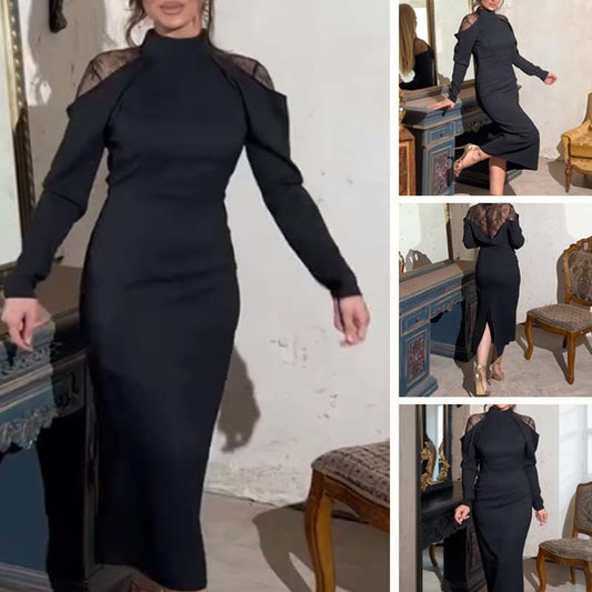 Elegant midiklänning med hög hals och spetsrygg för kvinnor