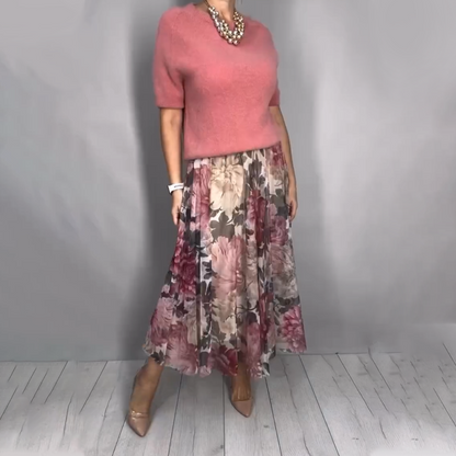 Elegant blommig stickad topp och midikjol, 2-delat set