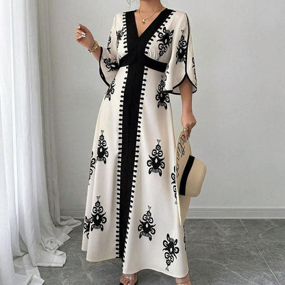 👗50% RABATT NU!🎀Elegant maxiklänning med V-ringning och mönster för damer
