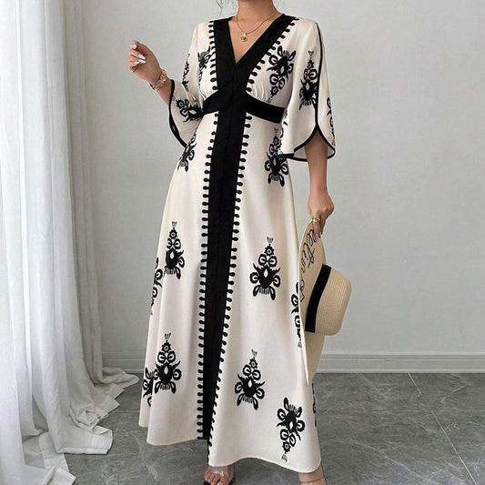 👗50% RABATT NU!🎀Elegant maxiklänning med V-ringning och mönster för damer