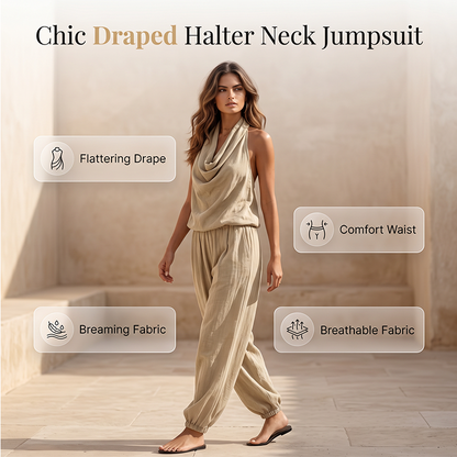 👗 50% RABATT NU! ✨ Chic Draped Halter Neck Jumpsuit – Andningsbar Vida Ben & Elegant Dag till Kväll – Perfekt för Sommaren ☀️