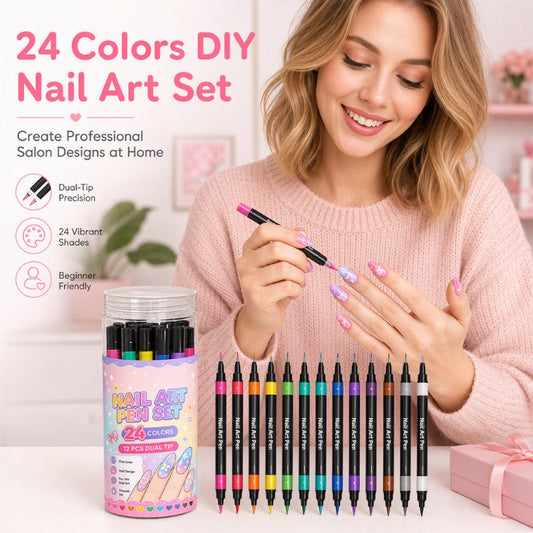 📢📢50 % RABATT !!⏰️ 24 färger dubbeländade nagelkonstpennor set