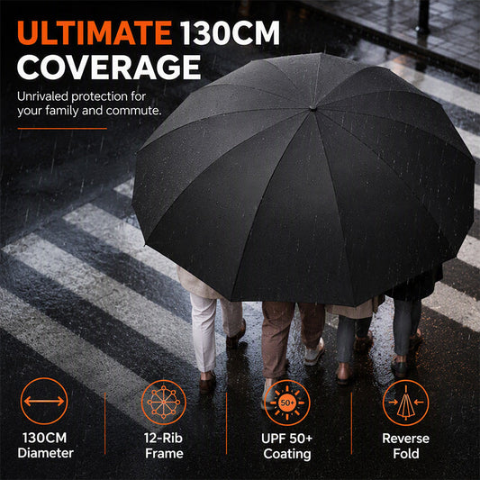 ☂️50 % RABATT NU! Extra stort hopfällbart paraply – 130 cm, 12 ribbor, vindbeständigt paraply med omvänd vikning, UPF50+ solskydd, extra stort paraply för familjens pendling & utomhusbruk